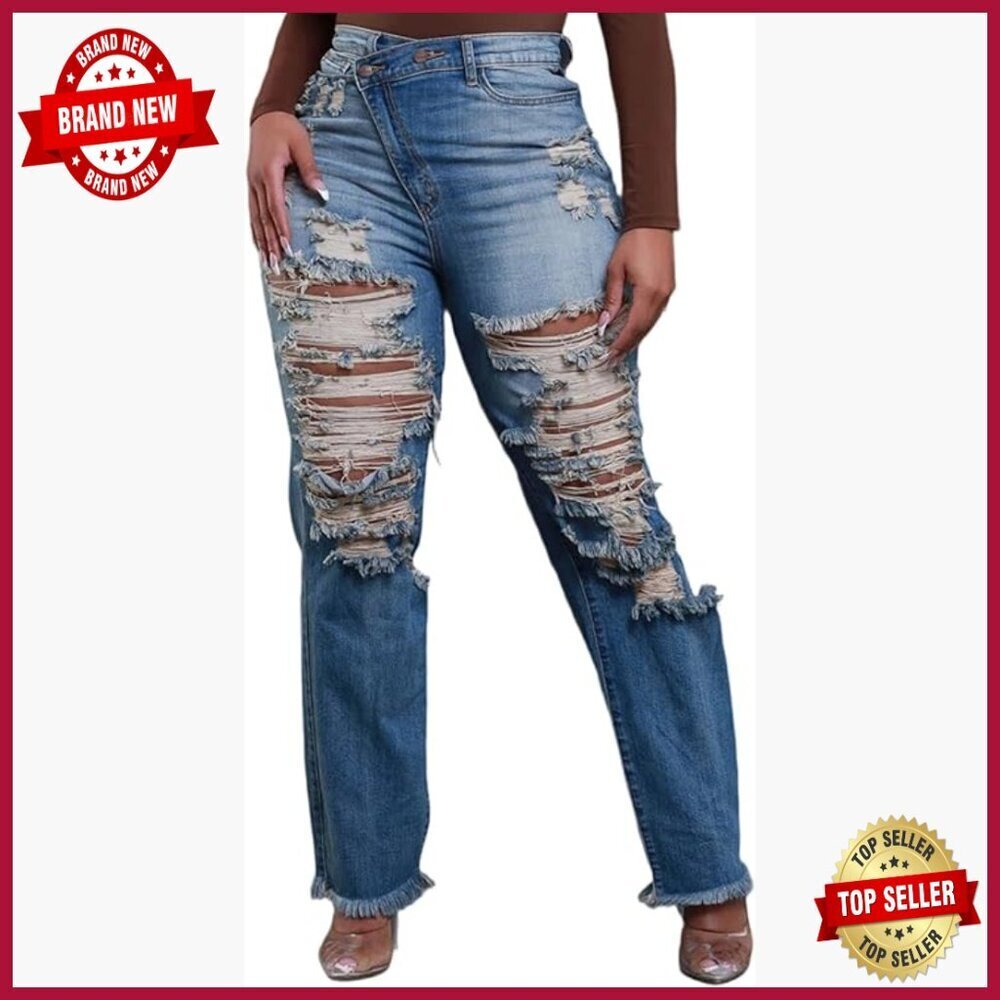 High Waisted Flare Jeans with Ripped Details, Stretch Denim Pants